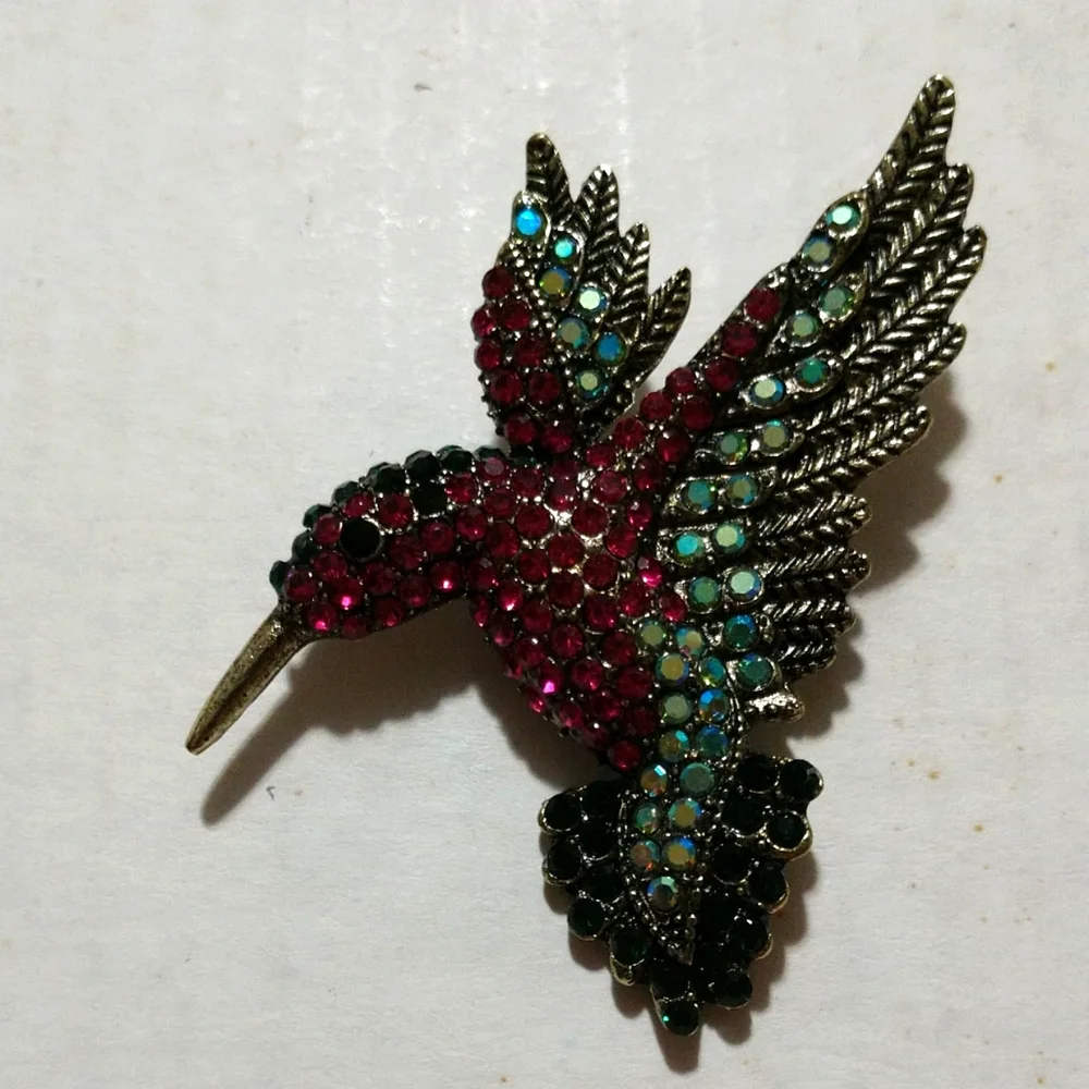 Hummingbird Deluxe Handcrafted Rhinestone Brooch Pin/Pink & Teal Vintage 3